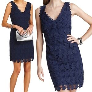 Yoana Baraschi Navy Blue Floral Open Work Lace Embroidered Midi Dress Size 8